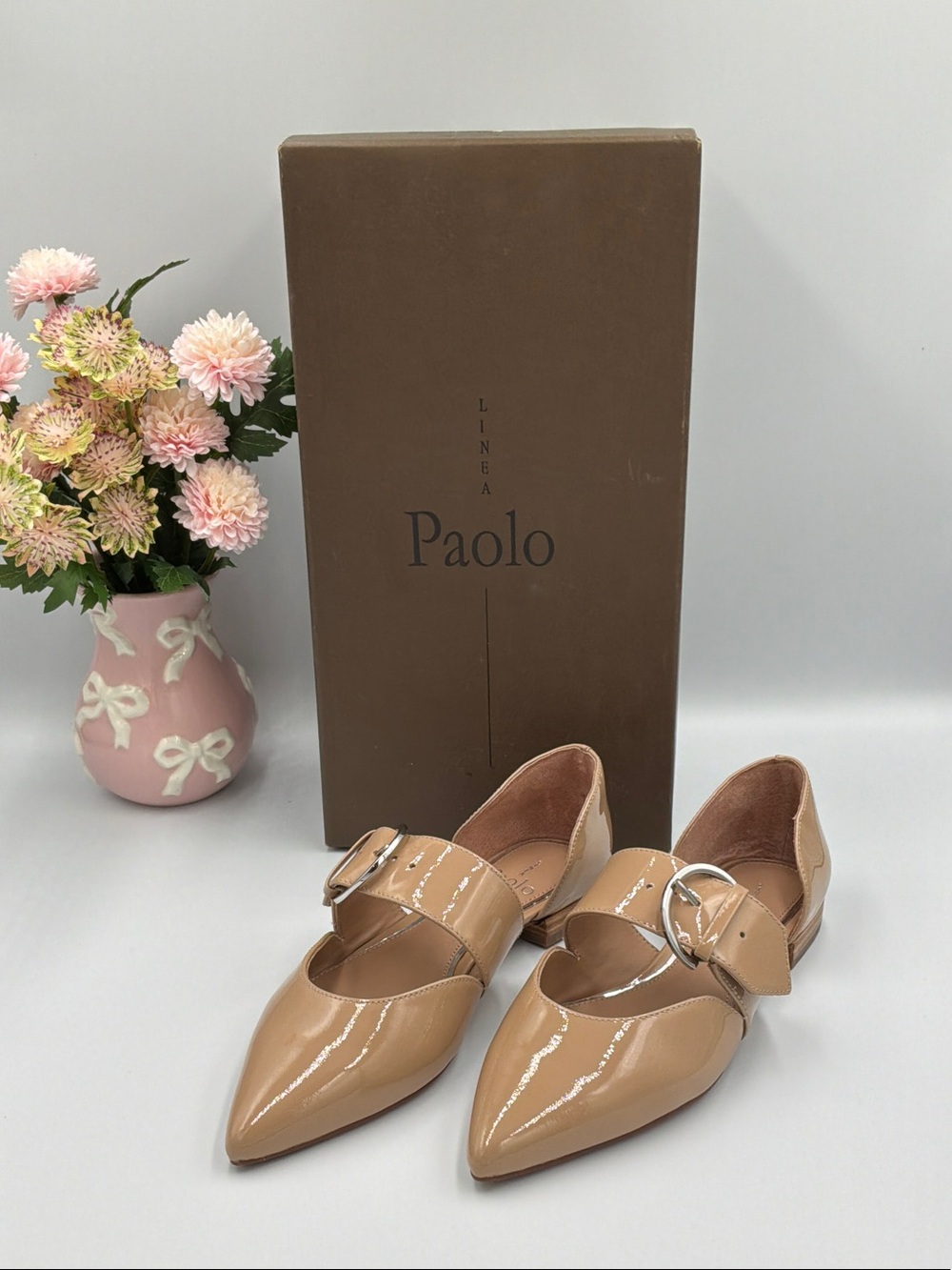 Paolo Patent Leather Pointed Mary Jane Flats in Nude